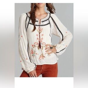 Free People Tiger Lily Embroidered Boho Peasant Top Large Cream Flora